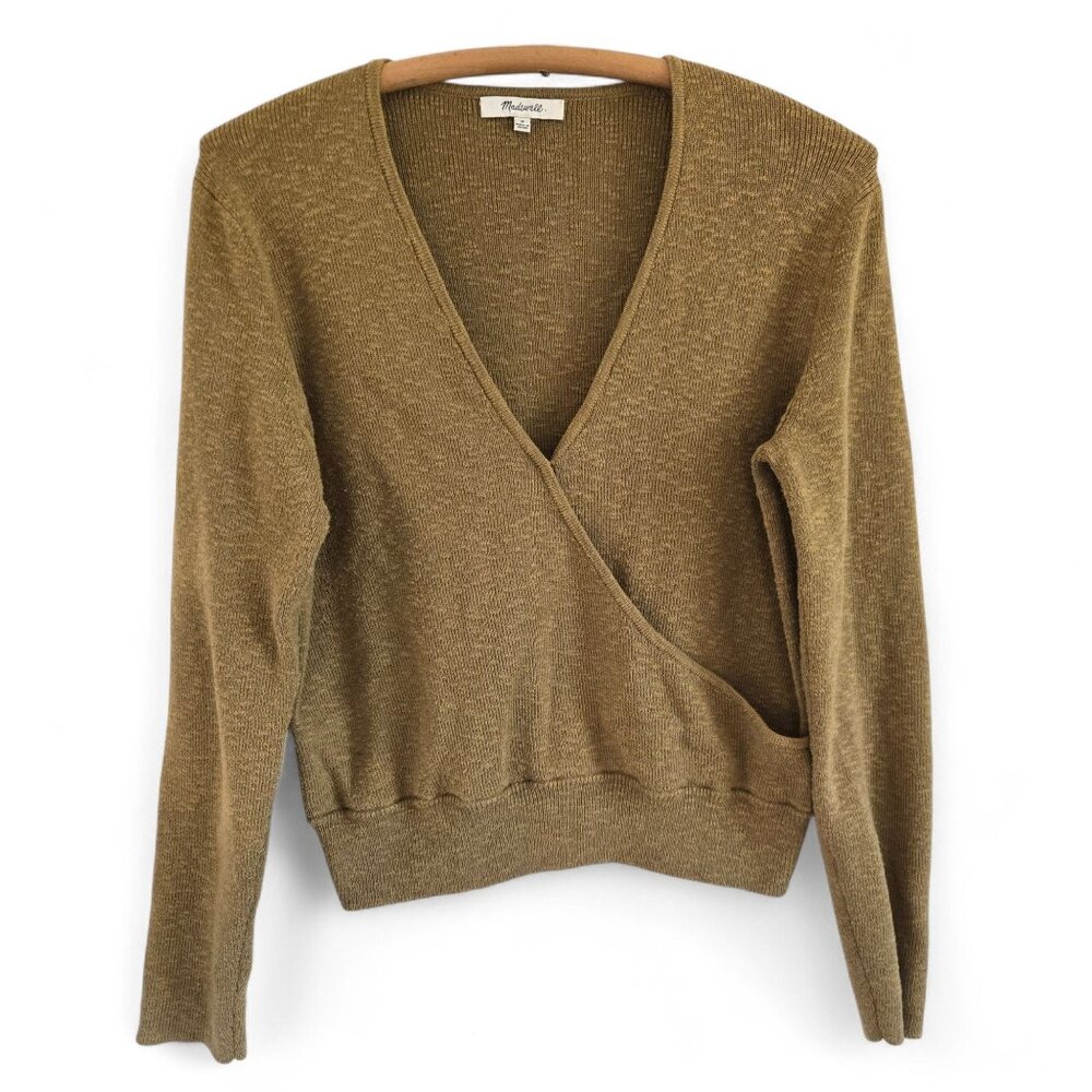 Madewell Womens Surplice Wrap Sweater M Olive Green Cotton Blend Long Sleeve - Picture 3 of 14